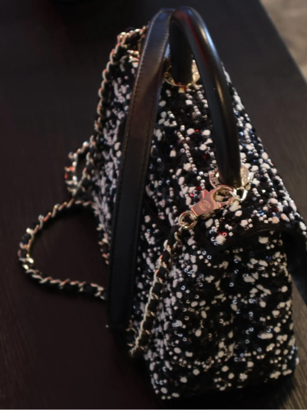 CHANEL Black & White Tweed Top Handle Bag with Silver Hardware